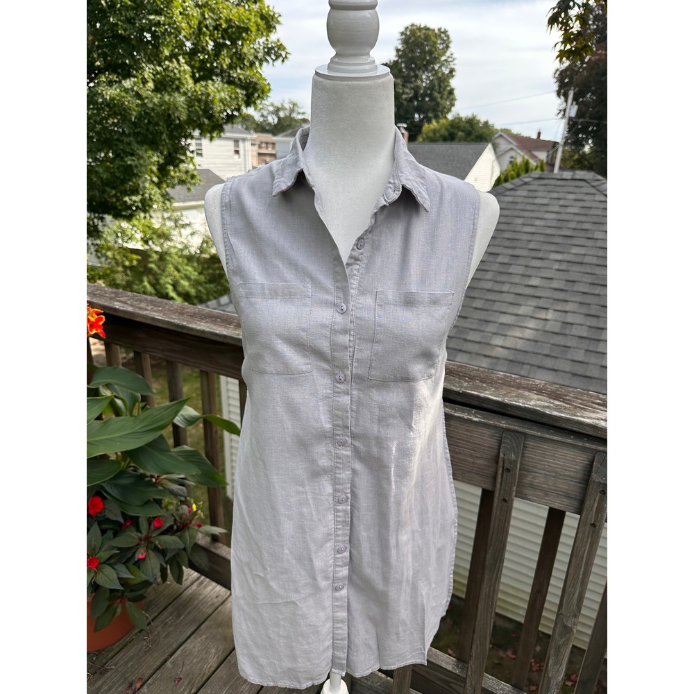 Baciano Grey Linen Blend Sleeveless Button Down Tunic Lagenlook Size M Fits XS